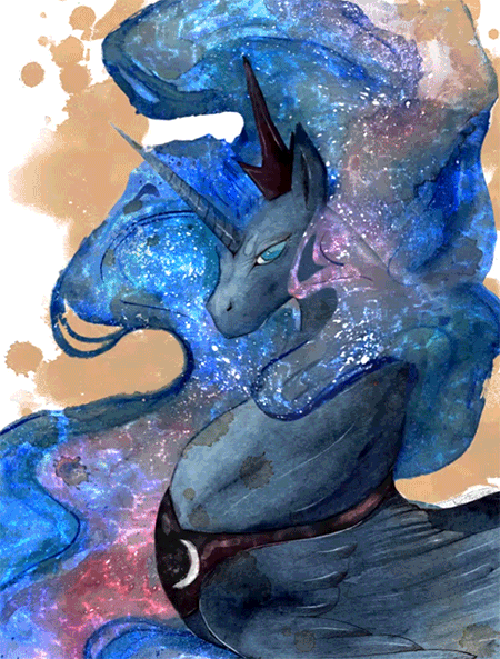 Size: 450x593 | Tagged: safe, artist:equum_amici, artist:rubisfirenos, character:princess luna, absurd file size, absurd gif size, animated, cinemagraph, ethereal mane, female, gif, looking at you, pose, solo, traditional art, watercolor painting