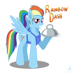 Size: 3000x3000 | Tagged: safe, artist:truffle shine, character:rainbow dash, species:pegasus, species:pony, alternate hairstyle, apron, clothing, cosplay, costume, crossover, diner dash, female, flo (diner dash), food, grin, hoof hold, looking at you, mare, ponytail, pun, signature, simple background, smiling, smirk, solo, spread wings, transparent background, video game, waitress, wings
