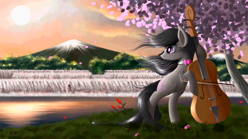 Size: 862x485 | Tagged: safe, artist:duskie-06, artist:equum_amici, character:octavia melody, animated, bow (instrument), bow tie, cello, cello bow, cinemagraph, female, gif, grass, hoof hold, mountain, musical instrument, playing, scenery, signature, smiling, solo, tree, waterfall, wind, windswept mane