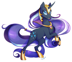 Size: 1187x1033 | Tagged: safe, artist:c-puff, character:nightmare rarity, character:rarity, commission, curved horn, eyeshadow, female, helmet, looking at you, makeup, open mouth, raised hoof, rearing, simple background, slit eyes, smiling, solo, transparent background
