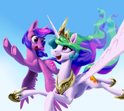 Size: 5000x4500 | Tagged: safe, artist:nadnerbd, character:princess celestia, character:twilight sparkle, character:twilight sparkle (alicorn), species:alicorn, species:pony, absurd resolution, crown, duo, flying, gradient background, jewelry, looking at each other, open mouth, regalia, sky, smiling, spread wings, underhoof, wings