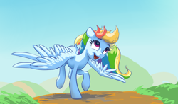Size: 2592x1527 | Tagged: safe, artist:nadnerbd, character:rainbow dash, species:pegasus, species:pony, dock, female, looking up, mare, open mouth, raised leg, smiling, solo, spread wings, wings