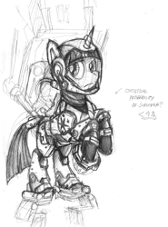 Size: 1376x1864 | Tagged: safe, artist:buckweiser, character:twilight sparkle, character:twilight sparkle (alicorn), species:alicorn, species:pony, drift, drivesuit, female, monochrome, pacific rim, solo