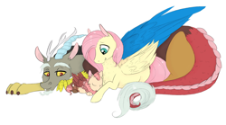 Size: 3240x1796 | Tagged: safe, artist:xenalollie, character:discord, character:fluttershy, oc, oc:anomaly, parent:discord, parent:fluttershy, parents:discoshy, ship:discoshy, cute, hybrid, interspecies offspring, male, offspring, prone, shipping, simple background, straight, white background