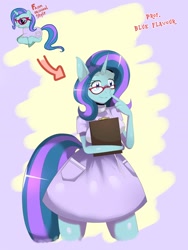 Size: 2448x3264 | Tagged: safe, artist:traupa, oc, oc only, oc:blue flavour, species:anthro, species:pony, species:unicorn, anthro oc, clipboard, clothing, commission, cute, dress, female, glasses, mare, multicolored hair, pony creator, simple background, smiling
