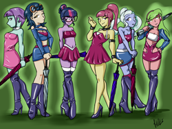 Size: 2200x1650 | Tagged: safe, artist:bastianmage, character:indigo zap, character:lemon zest, character:sour sweet, character:sugarcoat, character:sunny flare, character:twilight sparkle, character:twilight sparkle (scitwi), species:eqg human, equestria girls:friendship games, g4, my little pony: equestria girls, my little pony:equestria girls, bandeau, belly button, blushing, boots, breasts, cleavage, clothing, crystal prep shadowbolts, dress, female, glasses, goggles, high heel boots, high heels, latex, latex dress, midriff, miniskirt, pigtails, ponytail, race queen, shadow six, shoes, skirt, socks, thigh boots, thigh highs, twintails, umbrella