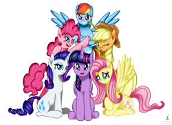 Size: 2900x2100 | Tagged: safe, artist:truffle shine, character:applejack, character:fluttershy, character:pinkie pie, character:rainbow dash, character:rarity, character:twilight sparkle, character:twilight sparkle (alicorn), species:alicorn, species:pony, bipedal, clothing, cowboy hat, hat, looking at you, mane six, one eye closed, signature, simple background, sitting, smiling, stetson, transparent background, wink