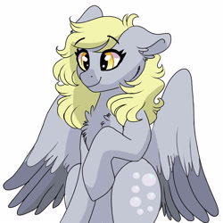 Size: 3000x3000 | Tagged: safe, artist:scarletskitty12, character:derpy hooves, species:pegasus, species:pony, chest fluff, curly hair, cute, female, mare, raised hoof, simple background, smiling, solo, underp, white background