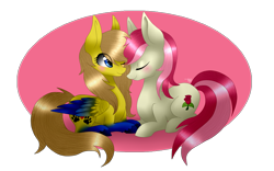 Size: 2641x1649 | Tagged: safe, artist:monogy, character:roseluck, oc, oc:catina scratch, species:earth pony, species:pegasus, species:pony, blushing, canon x oc, colored wings, eyes closed, female, gradient wings, lesbian, rose scratch, shipping