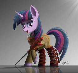Size: 2200x2063 | Tagged: safe, artist:duskie-06, character:twilight sparkle, species:pony, big sister, bioshock, clothing, commission, crossover, female, gun, i can't believe it's not ncmares, lidded eyes, open mouth, raised hoof, reflection, signature, simple background, smiling, solo, sunlight, weapon