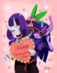 Size: 2448x3131 | Tagged: safe, artist:traupa, character:rarity, character:spike, character:twilight sparkle, species:anthro, species:dragon, episode:hearts and hooves day, g4, my little pony: friendship is magic, clothing, cute, eyes closed, fangs, heart, open mouth, smiling, style emulation, sunglasses, trio, valentine's day