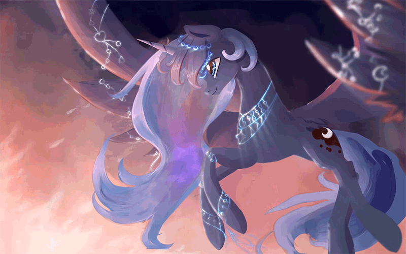Size: 800x500 | Tagged: safe, artist:equum_amici, artist:gianghanz, character:princess luna, species:alicorn, species:pony, absurd file size, absurd gif size, animated, cinemagraph, female, flying, gif, jewelry, runes, scenery, smiling, solo, too big for derpibooru, wing jewelry