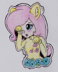 Size: 869x1074 | Tagged: safe, artist:marta4708, character:fluttershy, species:human, animal costume, blushing, cat costume, cat ears, catgirl, clothing, costume, ear fluff, fangs, female, fluttercat, humanized, one eye closed, solo, traditional art