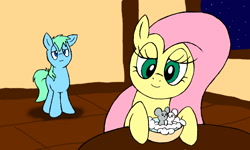 Size: 1600x960 | Tagged: safe, artist:dashingjack, character:fluttershy, oc, oc:brainstorm, species:earth pony, species:pegasus, species:pony, comic:mouse gala, lidded eyes, mouse, smiling, story in the source, washing