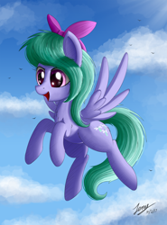 Size: 2200x2970 | Tagged: safe, artist:duskie-06, character:flitter, cloud, commission, cute, female, flitterbetes, flying, open mouth, raised hoof, signature, sky, smiling, solo, spread wings, wings