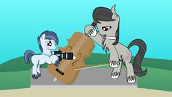 Size: 3369x1895 | Tagged: safe, artist:dinkyuniverse, character:octavia melody, character:shady daze, bow, bow (instrument), camera, cello, cello bow, chest fluff, crush, ear fluff, female, hoof polish, male, musical instrument, shadytavia, shipping, straight, unshorn fetlocks