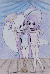 Size: 806x1200 | Tagged: safe, artist:marta4708, character:starlight glimmer, character:trixie, my little pony:equestria girls, blushing, bow tie, cape, clothing, hat, human coloration, leotard, magician outfit, traditional art, trixie's cape, trixie's hat