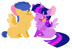 Size: 4728x3232 | Tagged: safe, artist:glitterstar2000, character:flash sentry, character:twilight sparkle, character:twilight sparkle (alicorn), species:alicorn, species:pegasus, species:pony, ship:flashlight, absurd resolution, blushing, chest fluff, chibi, eyes closed, female, laughing, male, open mouth, shipping, simple background, smiling, straight, white background