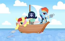 Size: 5816x3664 | Tagged: safe, artist:glitterstar2000, character:fluttershy, character:rainbow dash, character:zephyr breeze, species:pony, absurd resolution, boat, clothing, colt, female, filly, filly fluttershy, filly rainbow dash, fish, hat, hook, hook hoof, male, pirate, pirate dash, pirate fluttershy, pirate hat, sailing, story included, trio, water, younger