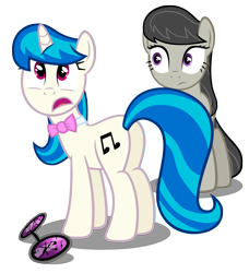 Size: 4845x5324 | Tagged: safe, artist:austiniousi, character:dj pon-3, character:octavia melody, character:vinyl scratch, species:earth pony, species:pony, species:unicorn, ship:scratchtavia, absurd resolution, alternate hairstyle, bow tie, cutie mark, female, hooves, horn, lesbian, mare, open mouth, plot, shipping, simple background, sunglasses, transparent background, vector
