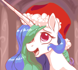 Size: 5000x4500 | Tagged: safe, artist:nadnerbd, character:princess celestia, species:alicorn, species:pony, absurd resolution, bust, clothing, cute, cutelestia, female, hair over one eye, hat, open mouth, portrait, santa hat, smiling, solo