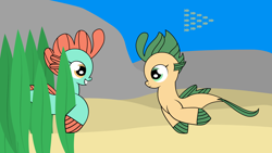 Size: 2850x1603 | Tagged: safe, artist:dinkyuniverse, character:bubble splash, species:seapony (g4), my little pony: the movie (2017), cute, cuteness overload, dawwww, fins, fish, grin, hnnng, lilly drop, ocean, sand, sea filly, sea foal, seaweed, smiling