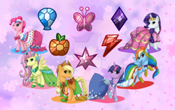 Size: 1024x646 | Tagged: safe, artist:akili-amethyst, artist:setsuna-yena, base used, character:applejack, character:fluttershy, character:pinkie pie, character:rainbow dash, character:rarity, character:twilight sparkle, episode:the best night ever, g4, my little pony: friendship is magic, clothing, dress, element of generosity, element of honesty, element of kindness, element of laughter, element of loyalty, element of magic, elements of harmony, gala dress, mane six, watermark