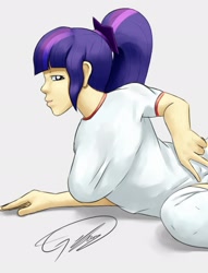 Size: 1825x2389 | Tagged: safe, artist:fauzart, character:twilight sparkle, character:twilight sparkle (scitwi), species:eqg human, my little pony:equestria girls, clothing, female, human coloration, shirt, simple background, socks, solo, t-shirt, thigh highs