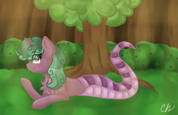 Size: 2498x1623 | Tagged: safe, artist:sketchyhowl, oc, oc only, oc:trofie trance, species:lamia, forest, lying down, original species, signature, solo, tree