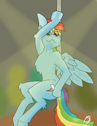 Size: 1304x1688 | Tagged: safe, artist:starrypallet, character:rainbow dash, species:pegasus, species:pony, female, mare, pole dancing, semi-anthro, solo, stripper pole