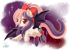 Size: 2300x1550 | Tagged: safe, artist:iheartjapan789, oc, oc only, oc:sweet velvet, species:bat pony, species:pony, bow, clothing, fangs, female, flying, gift art, hair bow, looking at you, mare, smiling, solo, stockings, thigh highs