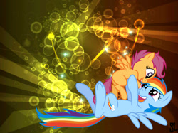 Size: 1023x767 | Tagged: safe, artist:kysss90, artist:scooterlights, character:rainbow dash, character:scootaloo, species:pegasus, species:pony, bubble, cute, cutealoo, scootalove, vector, wallpaper