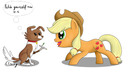 Size: 2770x1552 | Tagged: safe, artist:cloudy95, character:applejack, character:winona, species:pony, role reversal, silly, silly pony, simple background, tongue out, transparent background, twig