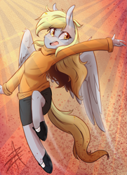 Size: 893x1233 | Tagged: safe, artist:myralilth, character:derpy hooves, species:anthro, species:unguligrade anthro, abstract background, clothing, female, solo, sweater, underp