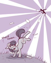 Size: 762x929 | Tagged: safe, artist:28gooddays, character:lily, character:lily valley, species:human, species:pony, annoyed, bucking, dialogue, misanthropy, monochrome, paper, twinkle in the sky
