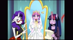 Size: 5626x3097 | Tagged: safe, artist:traupa, character:princess cadance, character:rarity, character:twilight sparkle, species:anthro, episode:a canterlot wedding, g4, my little pony: friendship is magic, absurd resolution, breasts, busty princess cadance, clothing, dress, female, glasses, gloves, glowing horn, letter, looking at you, magic, mirror, quill, reflection, scene interpretation, smiling, trio, wedding dress