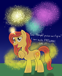 Size: 2300x2800 | Tagged: safe, artist:cloudy95, oc, oc only, oc:leaf spark, species:pony, species:unicorn, female, fireworks, high res, magic, mare, night, pollen, solo
