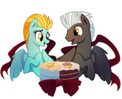 Size: 1280x1033 | Tagged: safe, artist:28gooddays, character:lightning dust, character:thunderlane, species:pegasus, species:pony, cake, female, food, male, open mouth, shipping, simple background, straight, thunderdust, transparent background