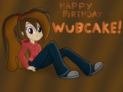 Size: 2732x2048 | Tagged: safe, artist:justsomepainter11, oc, oc only, oc:cupcake slash, my little pony:equestria girls, clothing, converse, equestria girls-ified, female, happy birthday, hoodie, looking at you, pants, shoes, sitting, smiling, solo, wubcake