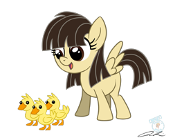 Size: 1261x1023 | Tagged: safe, artist:iheartjapan789, character:wild fire, ponysona, species:duck, species:pegasus, species:pony, blank flank, duckling, female, filly, looking down, open mouth, signature, simple background, smiling, standing, that pony sure does love ducks, transparent background