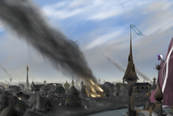 Size: 1800x1200 | Tagged: safe, artist:yinglongfujun, canterlot, canterlot castle, canterlot library, city, cityscape, civil war, equestria rodeo stadium, fire, flag, french, houses, on fire, revolution, smoke, waterfall