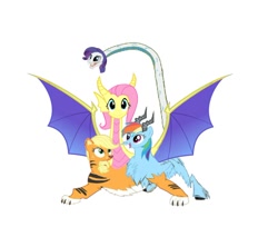 Size: 990x807 | Tagged: safe, artist:theunknowenone1, character:applejack, character:fluttershy, character:rainbow dash, character:rarity, species:chimera, species:dragon, species:goat, big cat, chimerafied, dragonified, dungeons and dragons, flutterdragon, multiple heads, rainbow goat, snake, species swap, three heads, tiger