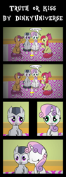 Size: 3771x10000 | Tagged: safe, artist:dinkyuniverse, character:apple bloom, character:rumble, character:scootaloo, character:sweetie belle, species:pegasus, species:pony, ship:rumbelle, absurd resolution, blushing, candle, comic, cute, cutie mark crusaders, female, kiss on the cheek, kissing, male, shipping, straight, truth or dare