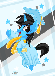Size: 1380x1924 | Tagged: safe, artist:iheartjapan789, oc, oc only, oc:andrea, species:pony, species:unicorn, clothing, female, graduation, graduation cap, hat, mare, solo