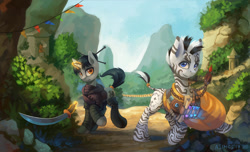 Size: 1500x914 | Tagged: safe, artist:asimos, oc, oc only, oc:swift justice, oc:tiger eyes, species:pony, species:unicorn, species:zebra, clothing, commission, jungle, levitation, looking at you, magic, mountain, scenery, scroll, sword, telekinesis, weapon