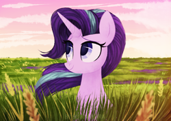 Size: 1491x1055 | Tagged: safe, artist:sonnatora, character:starlight glimmer, species:pony, species:unicorn, cloud, cute, female, field, food, glimmerbetes, grass, lidded eyes, looking up, mare, river, scenery, scenery porn, sitting, sky, smiling, solo, wheat, windswept mane