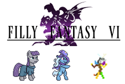 Size: 260x175 | Tagged: safe, artist:rydelfox, character:discord, character:maud pie, character:trixie, species:pony, species:unicorn, adventure ponies, female, filly fantasy vi, mare, pixel art, sprite