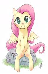 Size: 1000x1534 | Tagged: safe, artist:yanamosuda, character:fluttershy, species:pegasus, species:pony, blushing, cute, female, looking at you, mare, rock, shyabetes, sitting, smiling, solo, spread wings, wings