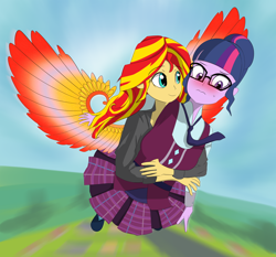 Size: 3000x2800 | Tagged: safe, artist:yinglongfujun, character:sunset shimmer, character:twilight sparkle, character:twilight sparkle (scitwi), species:eqg human, ship:scitwishimmer, ship:sunsetsparkle, my little pony:equestria girls, blushing, clothing, crystal prep academy uniform, crystal wings, cute, female, flying, glasses, holding, lesbian, school uniform, shipping