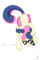 Size: 1000x1500 | Tagged: safe, artist:truffle shine, character:bon bon, character:sweetie drops, species:earth pony, species:pony, bon bond, dock, female, glasses, katana, mouth hold, prone, signature, simple background, solo, sword, transparent background, weapon